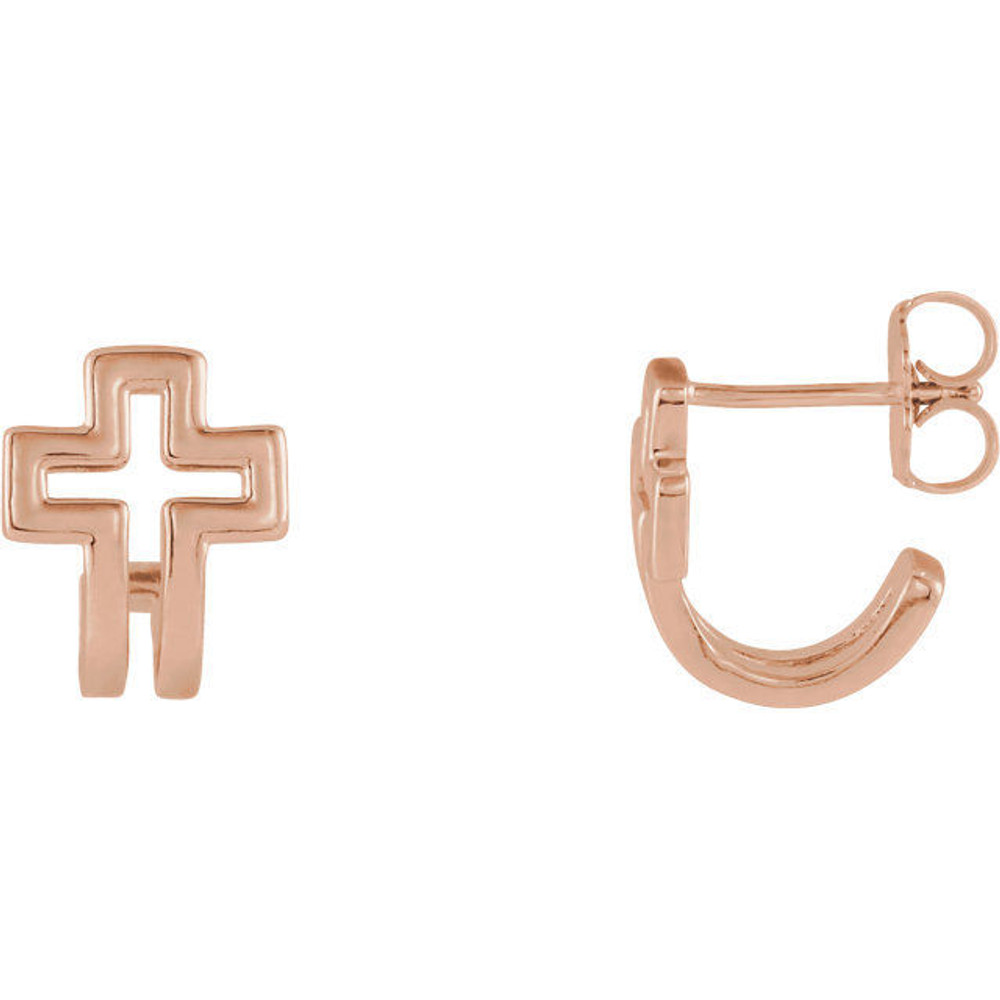 This symbol of Christianity was created from polished 14k rose gold and features an open cross j-hoop design with a friction-back post. They are approximately 9.29mm in width by 10.85mm in length.