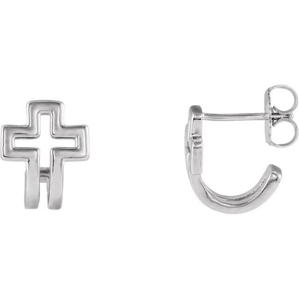 This symbol of Christianity was created from polished 14k white gold and features an open cross j-hoop design with a friction-back post. They are approximately 9.29mm in width by 10.85mm in length.