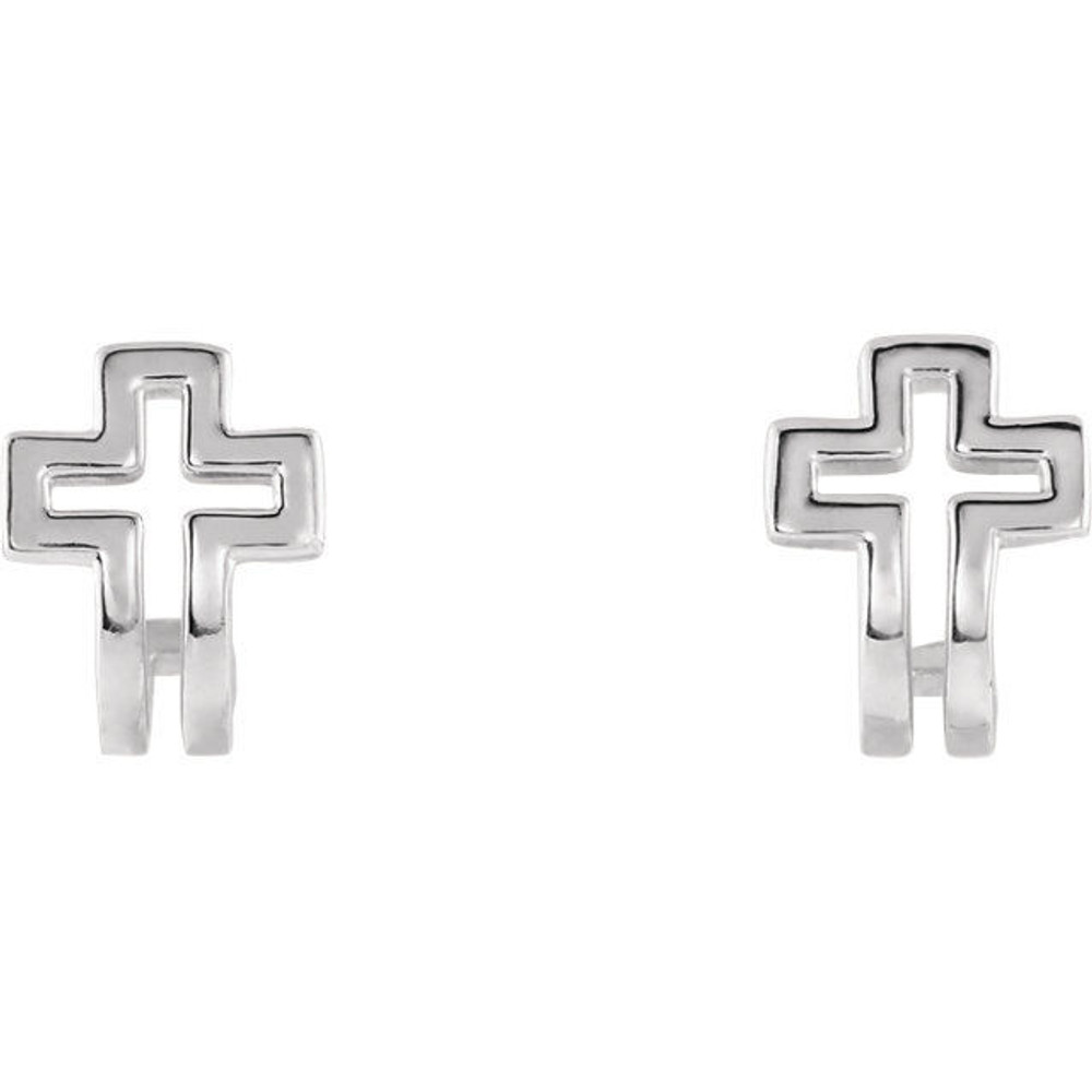 This symbol of Christianity was created from polished 14k white gold and features an open cross j-hoop design with a friction-back post. They are approximately 9.29mm in width by 10.85mm in length.