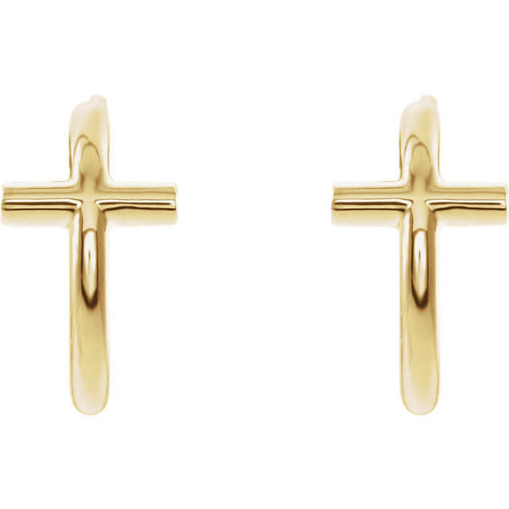 This symbol of Christianity was created from polished 14k yellow gold and features an open cross j-hoop design with a friction-back post. They are approximately 12.05mm (3/8 inch) in width by 12.13mm in length.