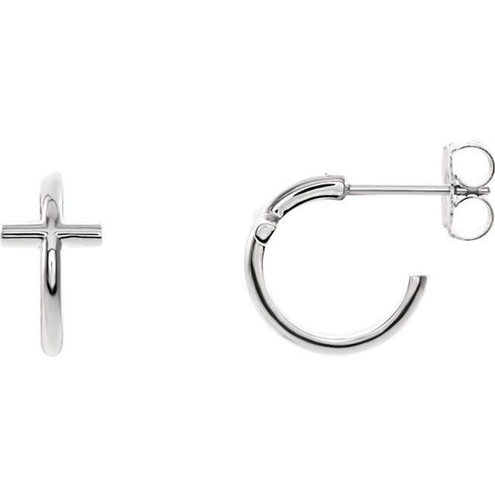 This symbol of Christianity was created from polished 14k white gold and features an open cross j-hoop design with a friction-back post. They are approximately 12.05mm (3/8 inch) in width by 12.13mm in length.