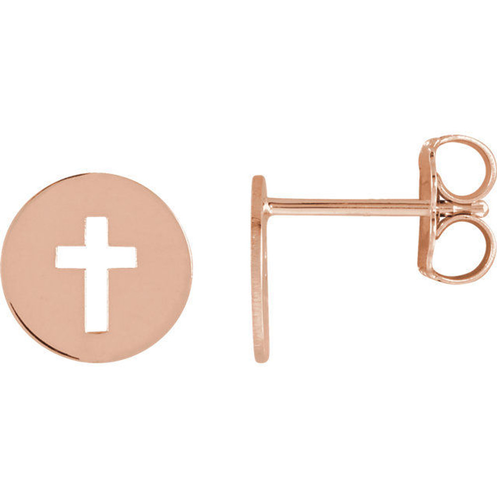 A meaningful symbol and a special pierced cross earrings in 14k rose gold.  They are approximately 7.90mm in width by 7.90mm in length.