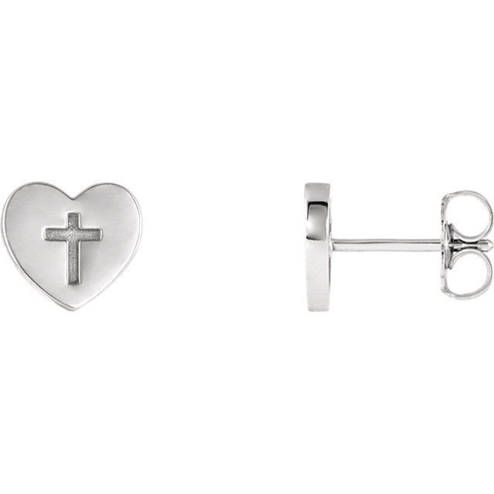 A simple but meaningful symbol of faith, was created from polished platinum and features a heart and cross earrings with a friction-back post. They are approximately 7.50mm in width by 7.60mm in length.
