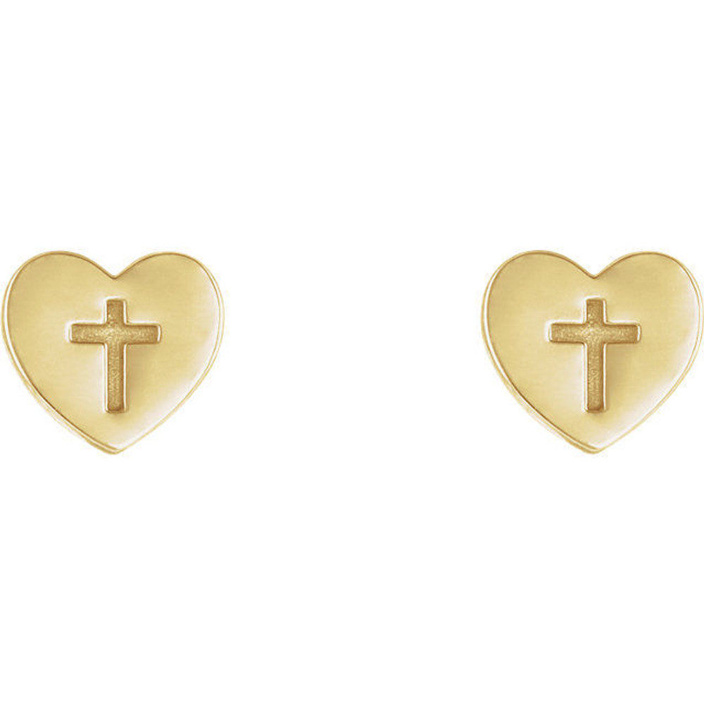 A simple but meaningful symbol of faith, was created from polished 14k yellow gold and features a heart and cross earrings with a friction-back post. They are approximately 7.50mm in width by 7.60mm in length.