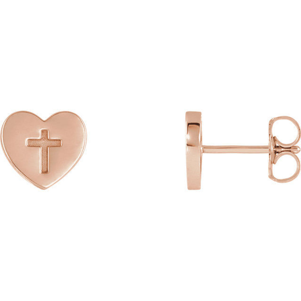 A simple but meaningful symbol of faith, was created from polished 14k rose gold and features a heart and cross earrings with a friction-back post. They are approximately 7.50mm in width by 7.60mm in length.