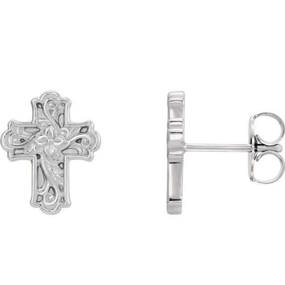 This symbol of Christianity was created from polished platinum. Floral-inspired cross earrings with a friction-back post. They are approximately 9.52mm in width by 11.75mm in length.