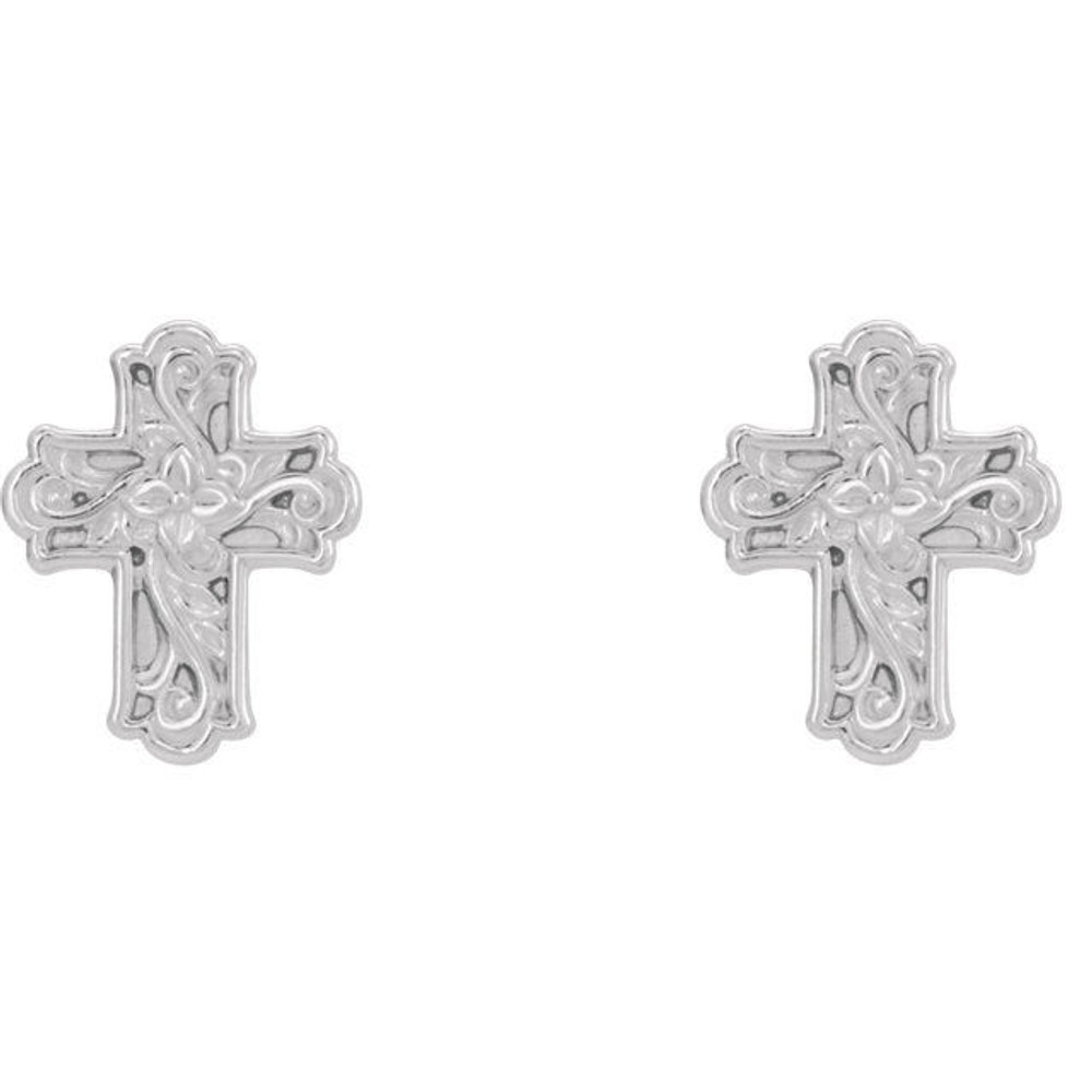 This symbol of Christianity was created from polished sterling silver. Floral-inspired cross earrings with a friction-back post. They are approximately 9.52mm in width by 11.75mm in length.