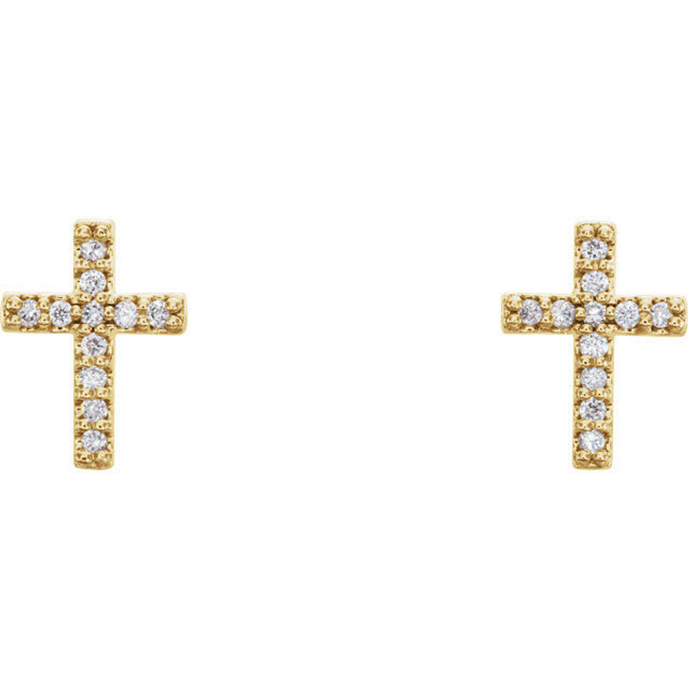 Share your faith with these diamond cross earrings with 22 round full cut diamonds. Set in 14k yellow gold, these cross shaped earrings feature a total weight of 1/10 carats of diamond light. These stud-style cross earrings with their diamond sparkle sit close to the ear and are sure to light up any outfit, any time. 