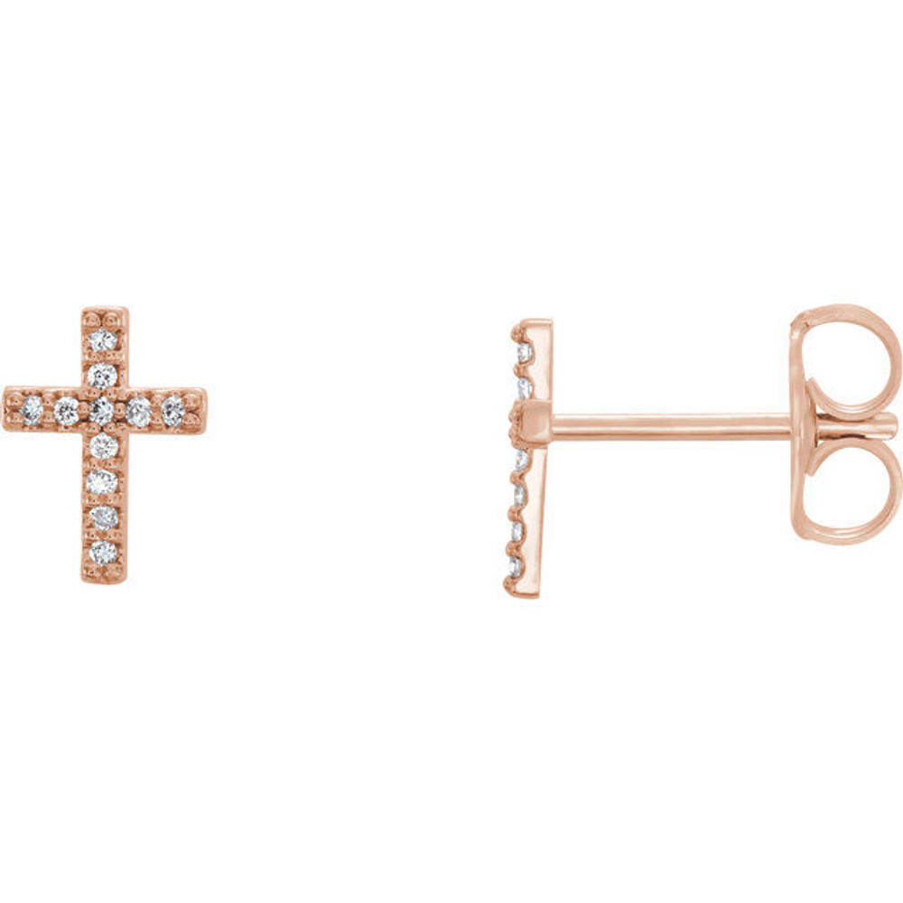 Share your faith with these diamond cross earrings with 22 round full cut diamonds. Set in 14k rose gold, these cross shaped earrings feature a total weight of 1/10 carats of diamond light. These stud-style cross earrings with their diamond sparkle sit close to the ear and are sure to light up any outfit, any time. 