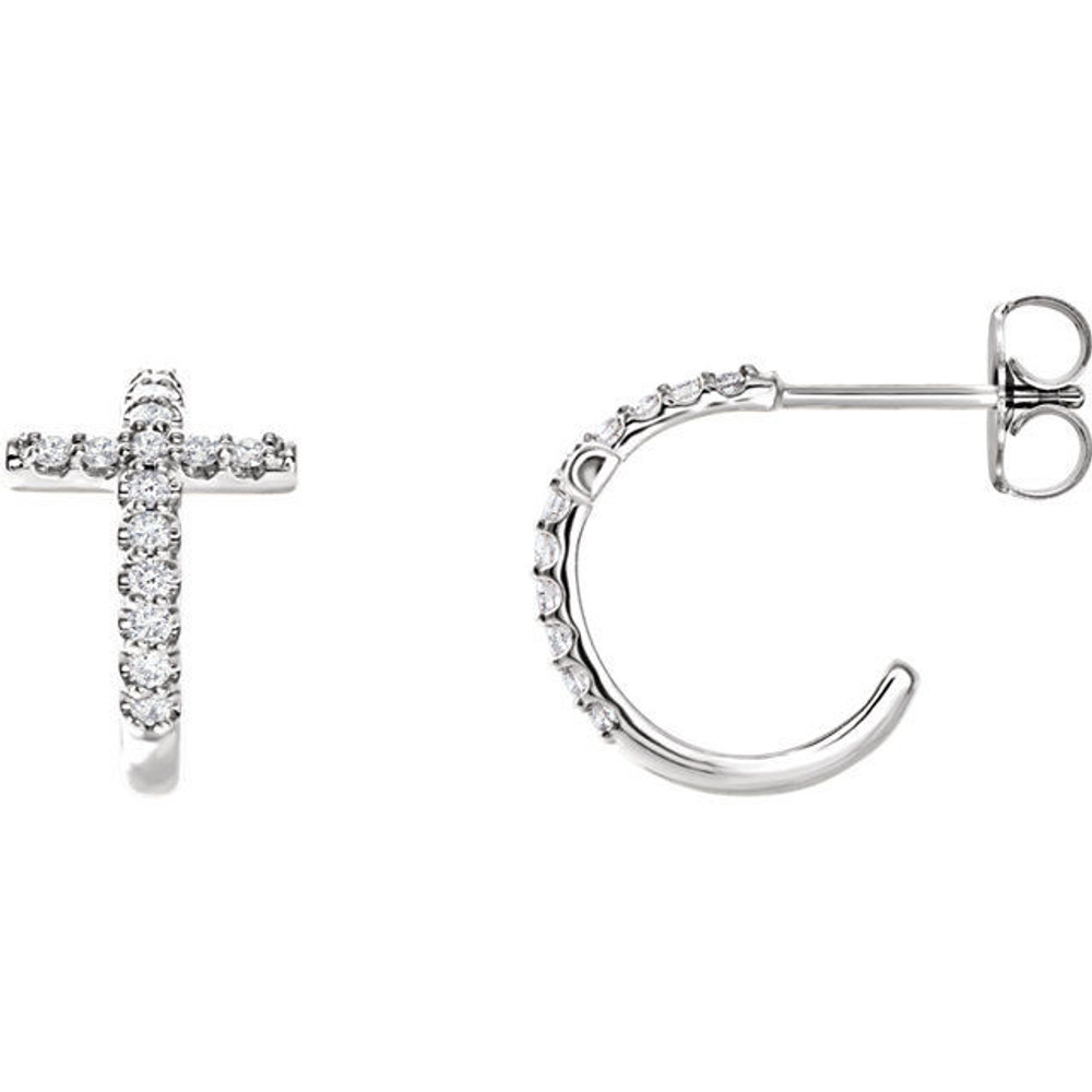 Treat the woman of faith to these dazzling diamond cross hoop earrings. Expertly crafted in platinum, each hoop features a diamond-lined cross-shaped accent, a brilliant expression of her beliefs. Radiant with 1/4 ct. t.w. of diamonds and finished with a bright polished shine, these hoops secure comfortably with friction backs.