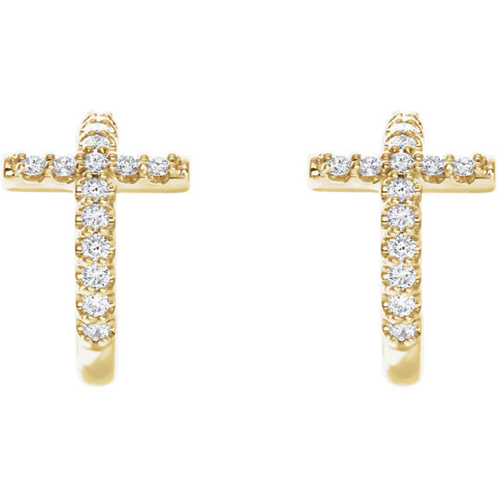 Treat the woman of faith to these dazzling diamond cross hoop earrings. Expertly crafted in 14k yellow gold, each hoop features a diamond-lined cross-shaped accent, a brilliant expression of her beliefs. Radiant with 1/4 ct. t.w. of diamonds and finished with a bright polished shine, these hoops secure comfortably with friction backs.