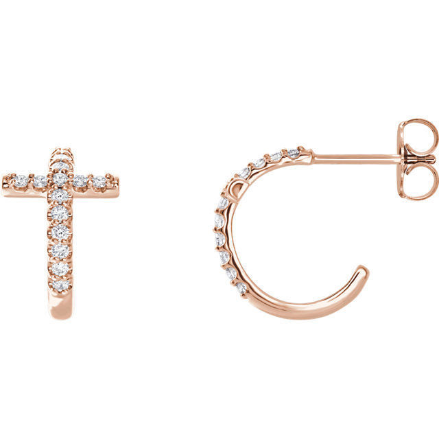 Treat the woman of faith to these dazzling diamond cross hoop earrings. Expertly crafted in 14k rose gold, each hoop features a diamond-lined cross-shaped accent, a brilliant expression of her beliefs. Radiant with 1/4 ct. t.w. of diamonds and finished with a bright polished shine, these hoops secure comfortably with friction backs.