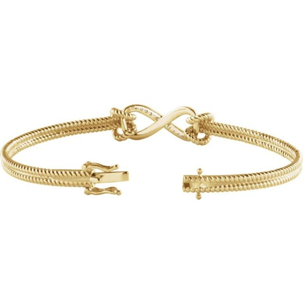 Diamond Infinity-Inspired Rope Bangle Bracelet In 14K Yellow Gold. Diamonds are H+ in color and I1 or better in clarity.
