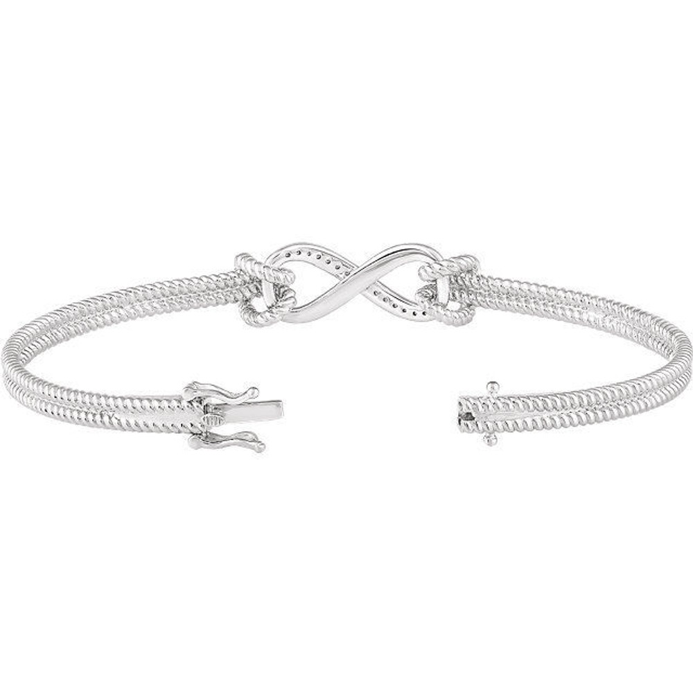 Diamond Infinity-Inspired Rope Bangle Bracelet In 14K White Gold. Diamonds are H+ in color and I1 or better in clarity.