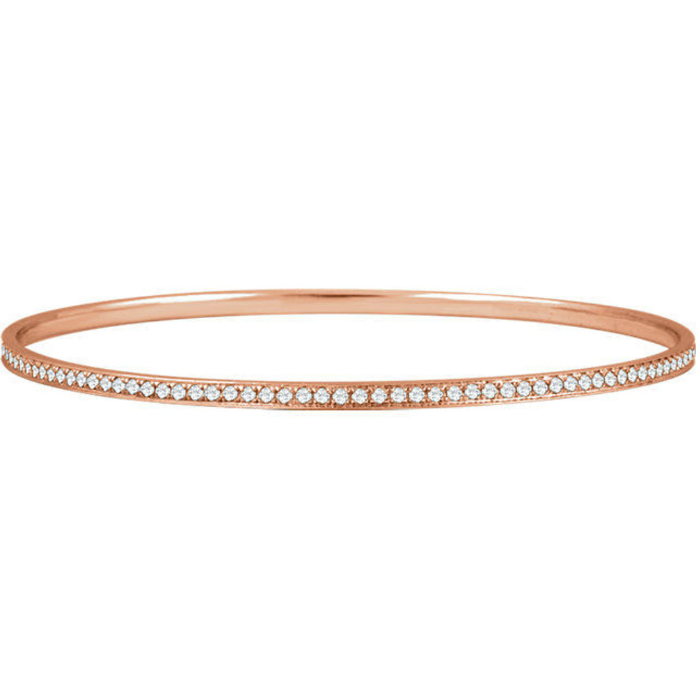 This elegant bangle for her features a row of brilliant round diamonds set in 14K rose gold.