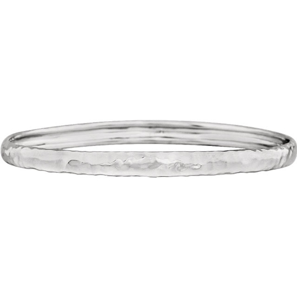 Organically elegant, this 14k white gold bangle bracelet is timeless and beautifully finished with a hammered texture. Perfect alone or stacked with other bracelets for an on-trend look.