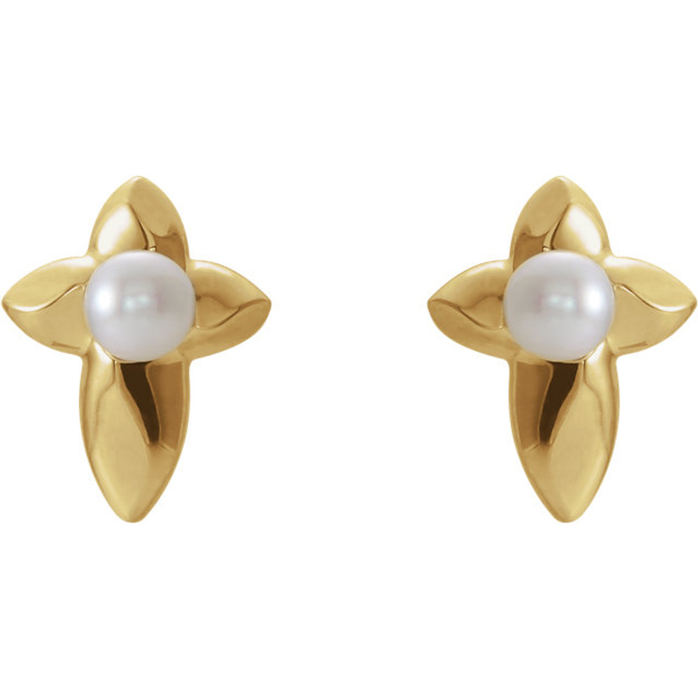 Stylish and symbolic. These freshwater cultured pearl cross earrings are in 14k yellow gold. Each earring measures 11.80x09.00mm and has a bright polish to shine.