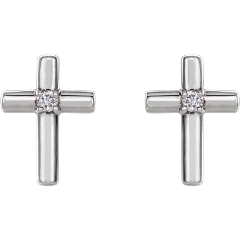 This is a set of glamorous cross earrings constructed of 14k white gold. These stud earrings have a round brilliant shape diamond. These earrings are polished to a mirror like finish metal. They have a post with friction back to keep them holds to your ear. Invest in these alluring cross earrings now and embellish yourself with these jewelries. 