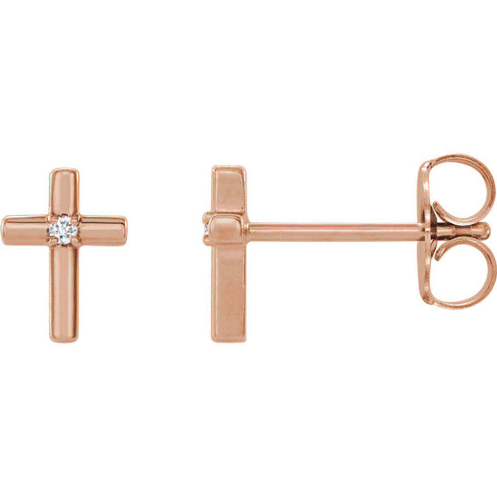 This is a set of glamorous cross earrings constructed of 14k rose gold. These stud earrings have a round brilliant shape diamond. These earrings are polished to a mirror like finish metal. They have a post with friction back to keep them holds to your ear. Invest in these alluring cross earrings now and embellish yourself with these jewelries. 