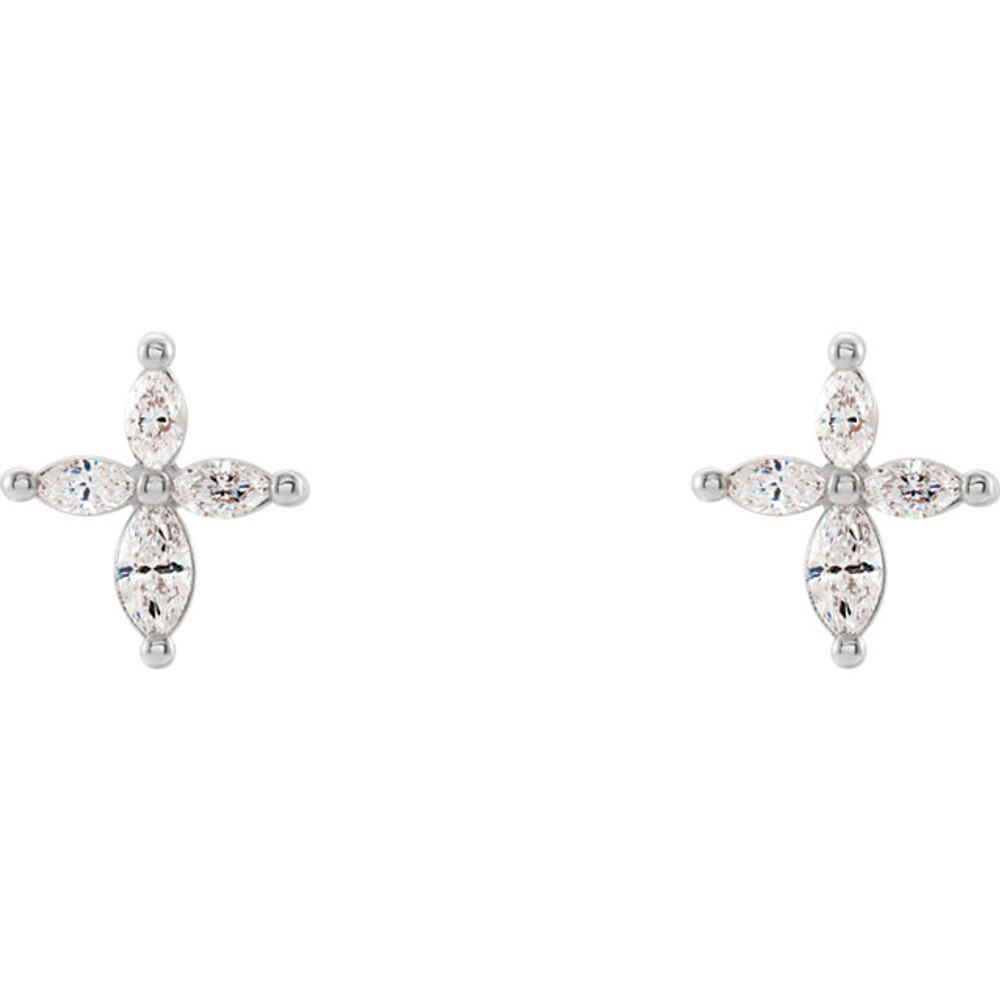 Share your faith with these diamond cross earrings with 8 marquise diamonds. Set in platinum, these cross shaped earrings feature a total weight of 1/3 carats of diamond light. These stud-style cross earrings with their diamond sparkle sit close to the ear and are sure to light up any outfit, any time. 