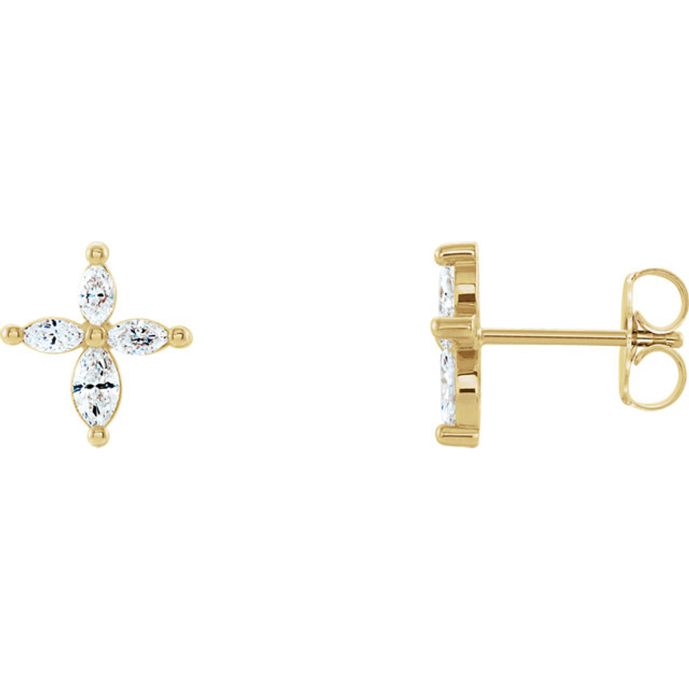 Share your faith with these diamond cross earrings with 8 marquise diamonds. Set in 14k Yellow gold, these cross shaped earrings feature a total weight of 1/3 carats of diamond light. These stud-style cross earrings with their diamond sparkle sit close to the ear and are sure to light up any outfit, any time. 