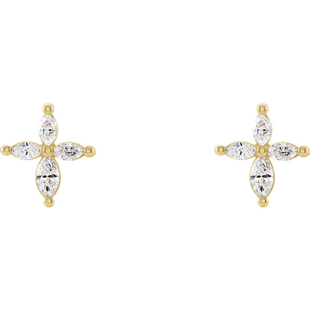Share your faith with these diamond cross earrings with 8 marquise diamonds. Set in 14k Yellow gold, these cross shaped earrings feature a total weight of 1/3 carats of diamond light. These stud-style cross earrings with their diamond sparkle sit close to the ear and are sure to light up any outfit, any time. 