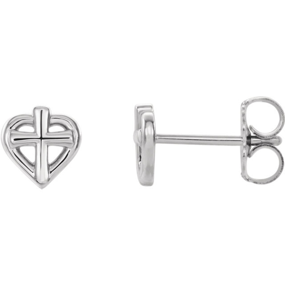 A simple but meaningful symbol of faith, was created from polished platinum and features a heart and cross earrings with a friction-back post. They are approximately 6.04mm in length by 5.76mm in width.