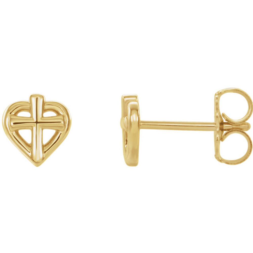 A simple but meaningful symbol of faith, was created from polished 14k yellow gold and features a heart and cross earrings with a friction-back post. They are approximately 6.04mm in length by 5.76mm in width.