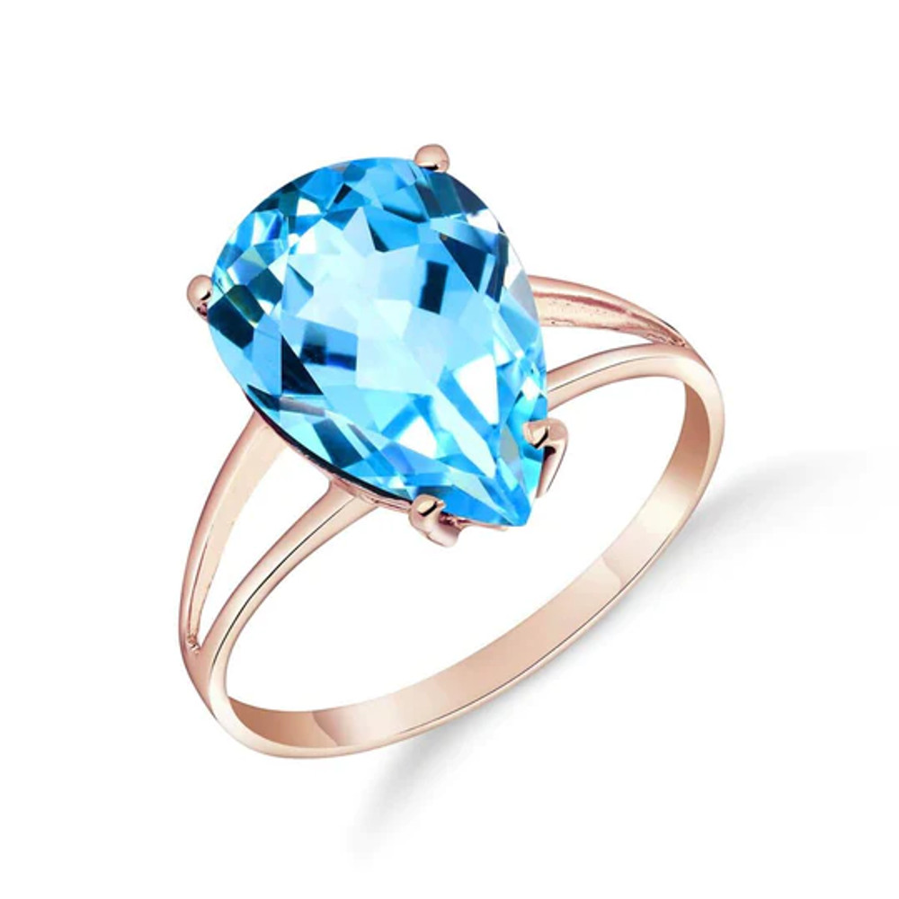  Let your hands do the talking when you display this amazing 14k gold ring with natural blue topaz for all of the world to see. A simple gold band, made in your choice of yellow, white, or rose gold, is given a unique look with an open design that fully emphasizes the beauty of the stunning stone that it holds. The natural blue topaz weighs an incredible five carats, making it large enough to make a bold statement and give off plenty of color. This ring makes a fabulous addition to any wardrobe, as well as being a great birthstone piece for December birthday celebrants.