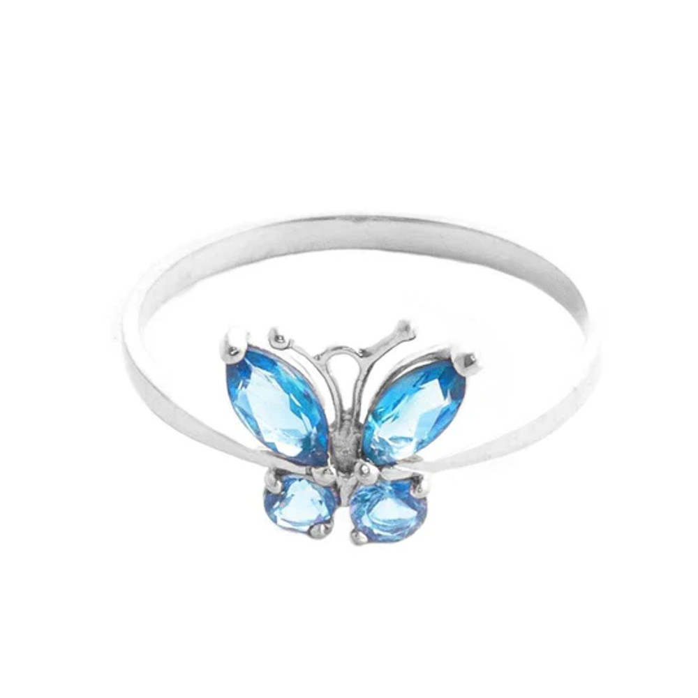 This 14k gold butterfly ring with natural blue topaz saccharine and beautiful. The gold setting can be changed to your choice of white, rose or yellow gold alongside your personal ring size. Four natural-blue topaz stones form the shape of a lovely butterfly. The stones are a total of 0.60 carats and make this ring the perfect size. It is never gaudy or overdone. This sweet ring is the perfect gift for a young girl or someone that loves butterflies. It will quickly become an everyday favorite, and earn a special place in her heart. Each ring is as unique as the natural stones used.