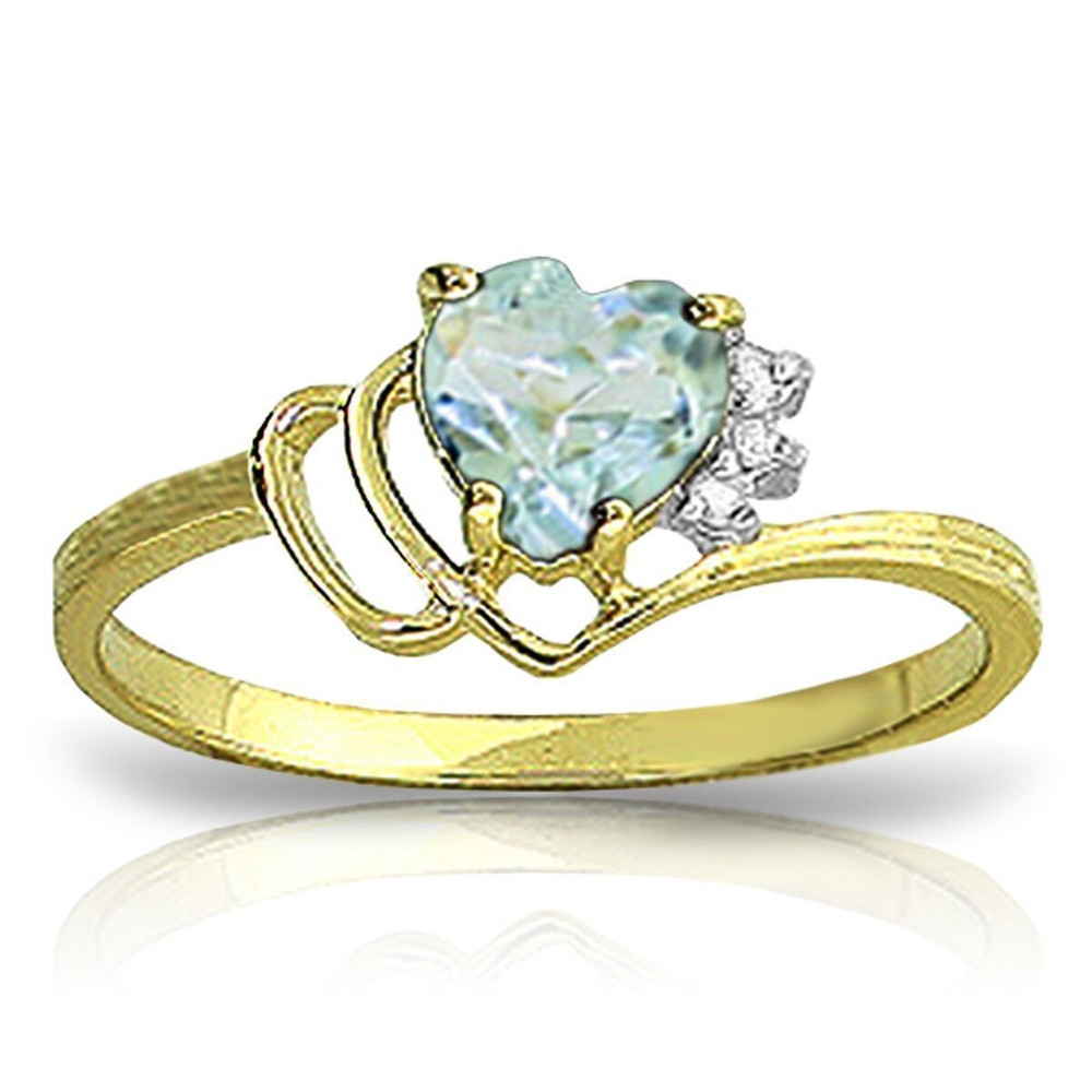 Aquamarine is one of the most unique semiprecious stones that is known and loved for its sparkle and beautiful coloring. This 14k solid gold ring with natural diamonds and aquamarine highlights the beauty of this stone wonderfully. The unique solid gold band makes this ring different from others without detracting from the beauty of the natural gemstones. One heart shaped aquamarine stone is the focus of the ring, weighing in at a hefty .95 carats. Three round cut natural diamonds are set within the band to make the ring more special, as well as enhance the elegance and beauty of the natural aquamarine. This ring is perfect for any jewelry lover, as well as for those with a birthday in the month of March.