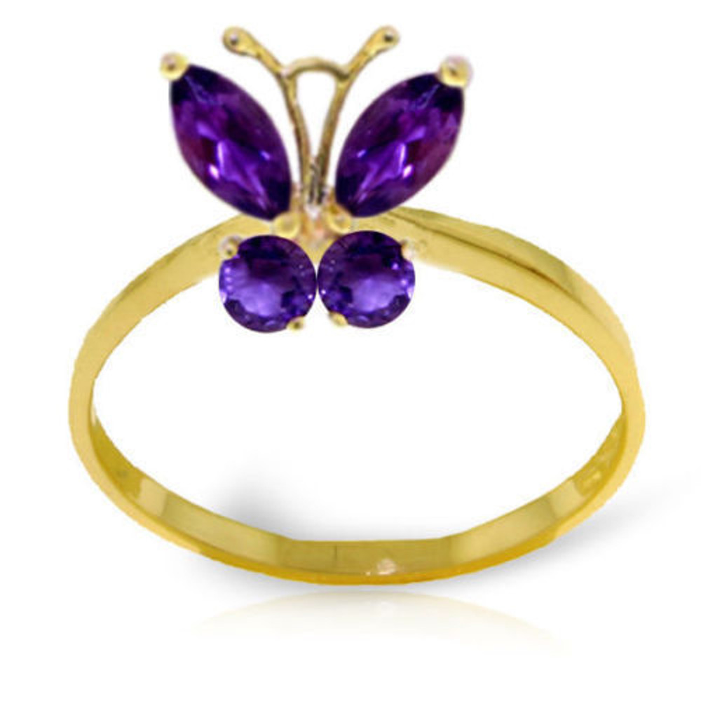 Poets describe them as FLOWERS THAT FLY and never has that description seemed more apart than when looking at this rich amethyst butterfly ring. The wings are set to catch the light and seem ready to take off at a moment's notice from the gold band. The deep purple of the marquise cut natural amethyst stones stands out against the gold setting, whether you choose white gold, yellow gold, or rose gold. So are you looking at a butterfly or a violet poised for flight? Make it your ring and you can decide.