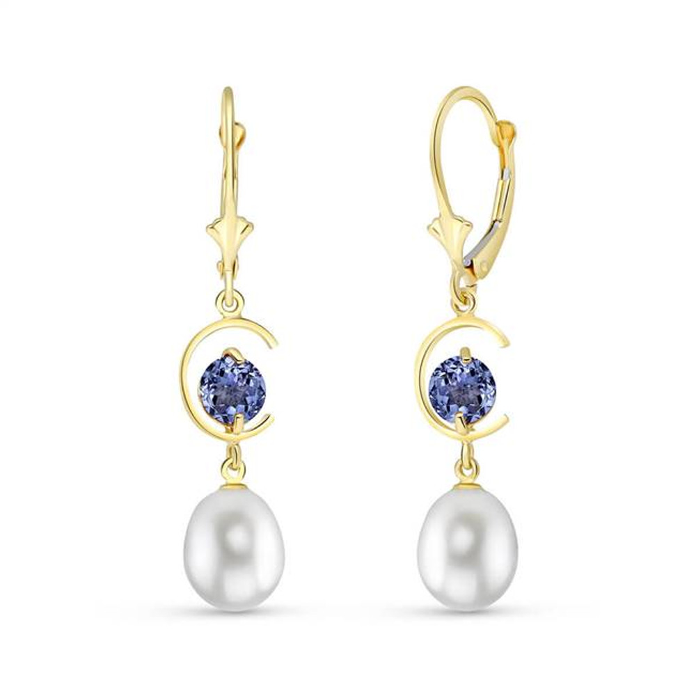 Exceptional cultured freshwater pearls drop from exotic round-shape tanzanite drop earrings fashioned in 14k gold.