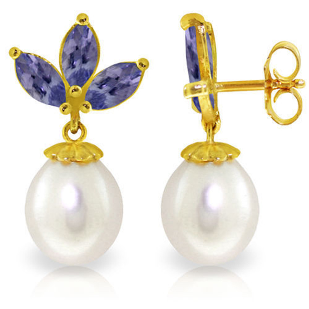  Look beautiful in these white gold dangling earrings with pearls and tanzanite stones. These earrings have a stunning regal quality. After all, purple, found in the tanzanite stones, is the color of royalty. These luxurious earrings are made of high quality 14 karat gold. The earrings come in classic yellow gold, antique rose gold and icy white gold.

The tanzanite gemstones and pearls look splendid with any combination. Each earring has three tanzanite stones that create a stunning petal effect. The marquise shaped stones frame the crown tanzanite stone. The pearls, on each earrings, are in a classic pear shape. These earrings have a lovely Victorian feel.