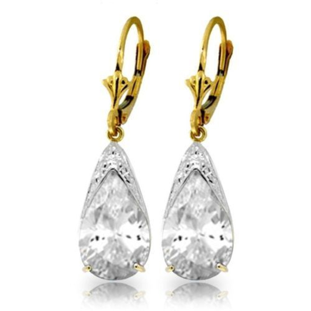 Even without color, white topaz sparkles beautifully and is one of the most fabulous semiprecious gemstones available. This stone is set perfectly in these 14k gold leverback earrings with natural white topaz. The natural beauty of these stones looks amazing with a total of ten sparkling carats that dangle perfectly from the earlobes.


The leverbacks that are used to support the gems are great for adding movement, perfect for reflecting light and making these earrings really shine and stand out. Each pair is set in 14k yellow, white, or rose gold which makes them not only luxurious, but high quality as well.
