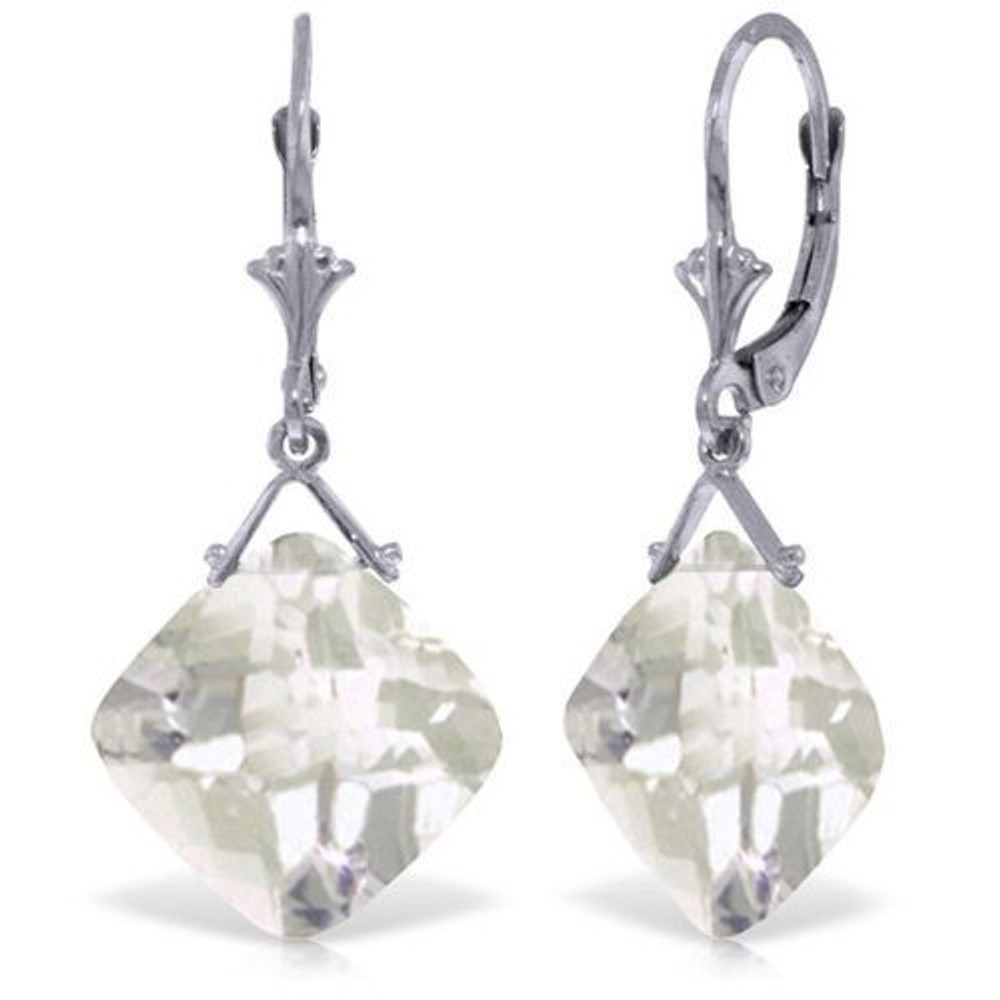 A marvelous breathtaking Lever back Earrings, featuring two cushion shaped 12.0 mm checkerboard-cut Natural White Topaz.