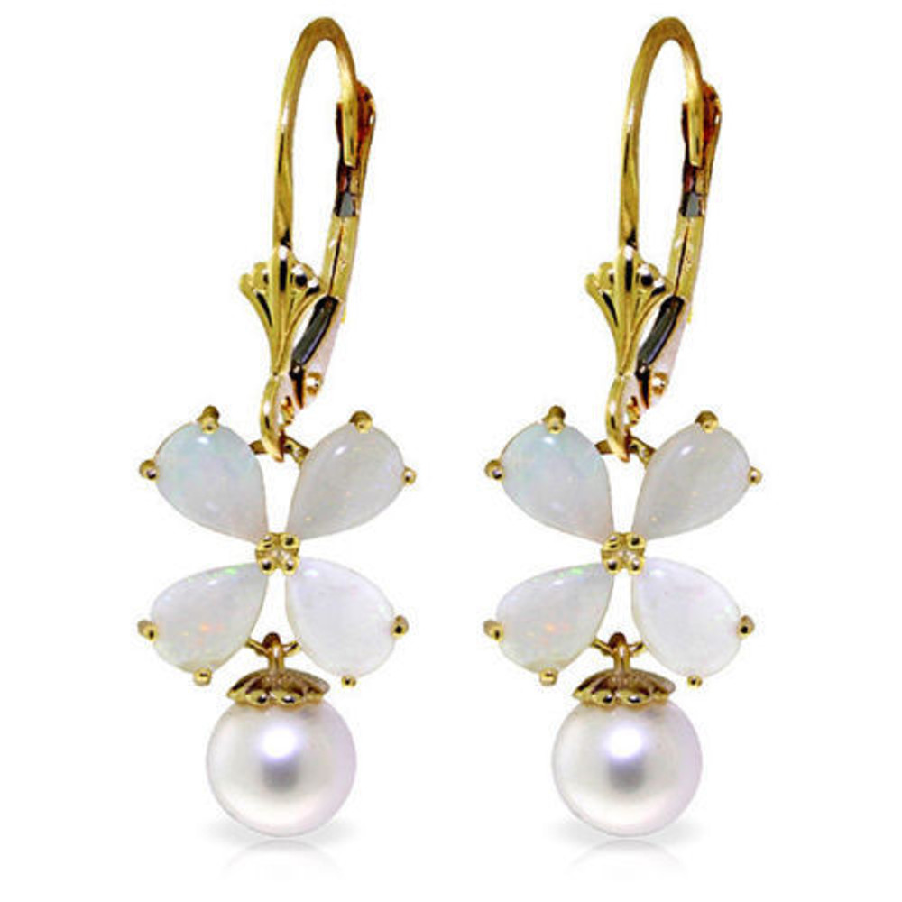 With the gorgeous glow of opal and the lovely luster of pearl, the wearer of the 14-Karat gold Leverback Earring with Opals and Pearls shines. Four teardrop-shaped opals are arranged symmetrically to form a four-petaled flower pattern on each earring. A round pearl hangs from the center of each flower like a glistening drop. The 14-Karat gold Leverback Earring with Opals and Pearls dangles from a leverback clasp. This earring design and its semiprecious stones are dressy enough to wear for special occasions. However, the neutral white hues of the stones, with hints of various glittering colors in the opal, make this the go-to earring for every occasion.