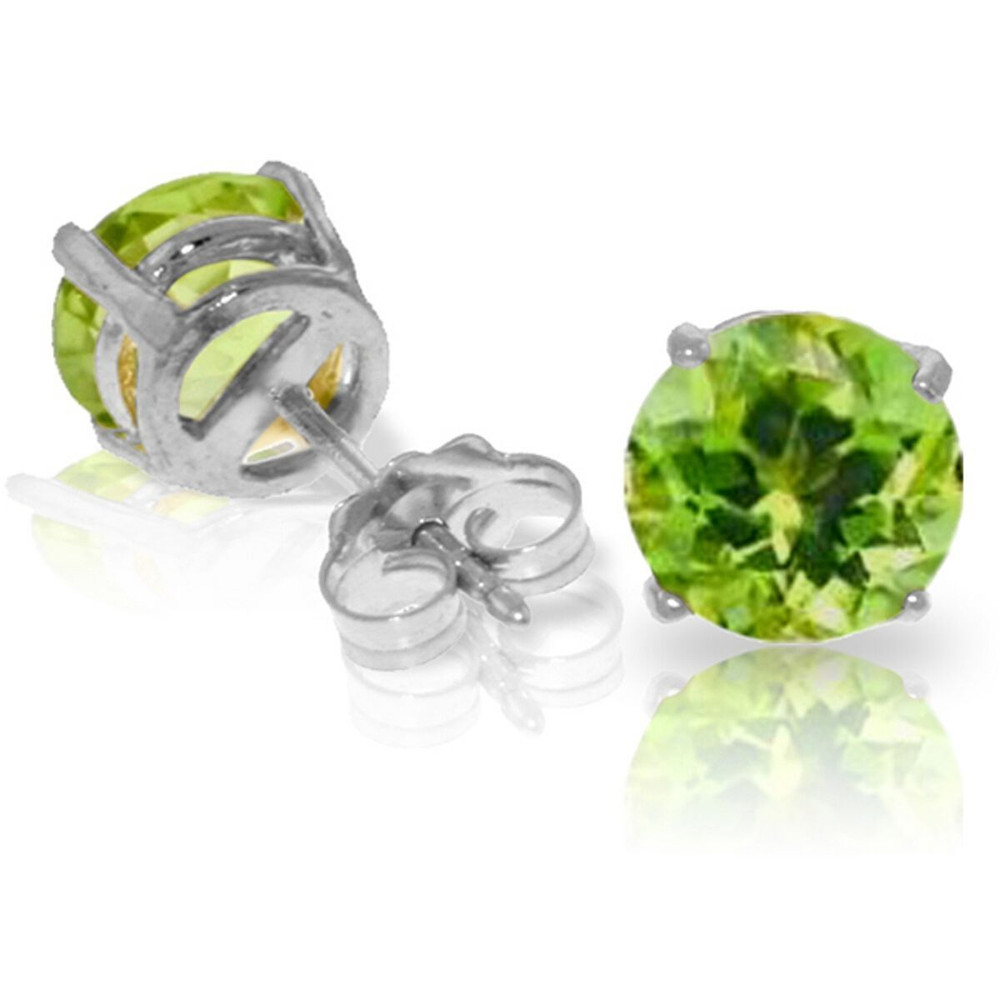 These beautiful 14k gold stud earrings with natural peridot are great for showcasing August's gorgeous birthstone or simply to dress up any outfit in a subtle way. The high quality 14k gold is the background for two solitaire peridot stones. At over three carats total weight, these stones are large enough to stand out without being over the top. Friction push backs are used to securely hold the white gold posts in place so that they always shine beautifully when worn.