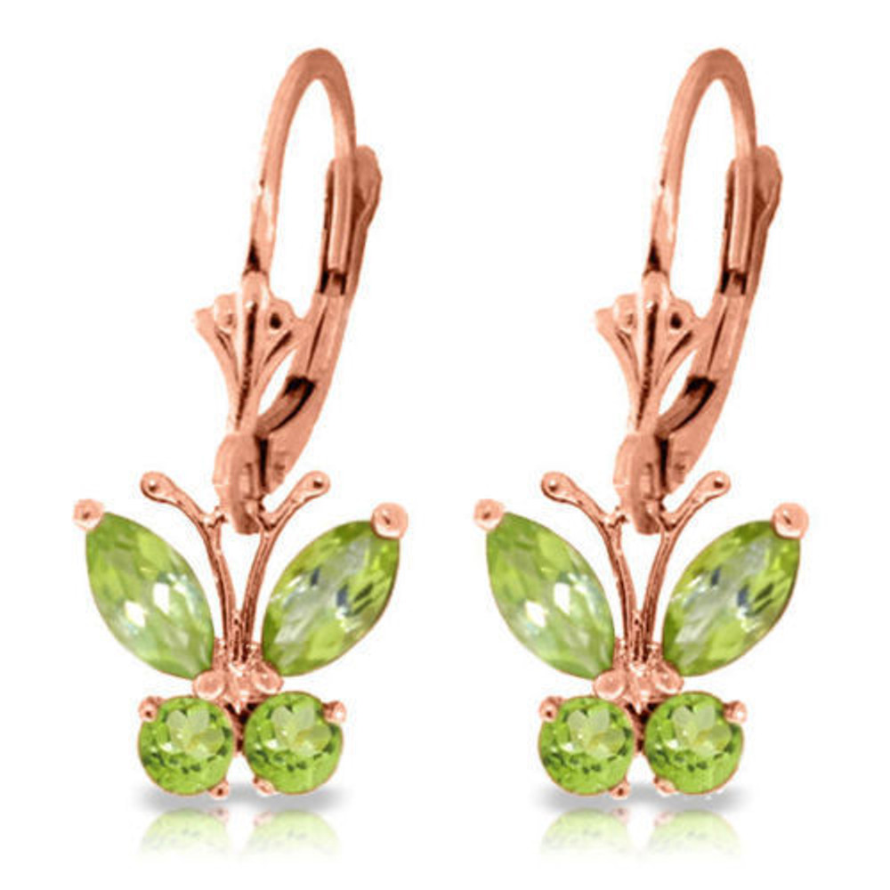 The beautiful light green hue and butterfly design on these 14k gold butterfly earrings with peridot makes everyday a beautiful spring day. The gold leverbacks on these earrings allow movement to create the illusion of butterflies in flight. Each pair of stunning earrings are made of four marquise cut and four round cut natural peridot stones, which are used to create the glimmering body and shimmering wings of these beautiful pieces. Over one full carat of sparkle makes these earrings dazzle beautifully when catching the light. These earrings make a cute present to showcase the August birthstone.