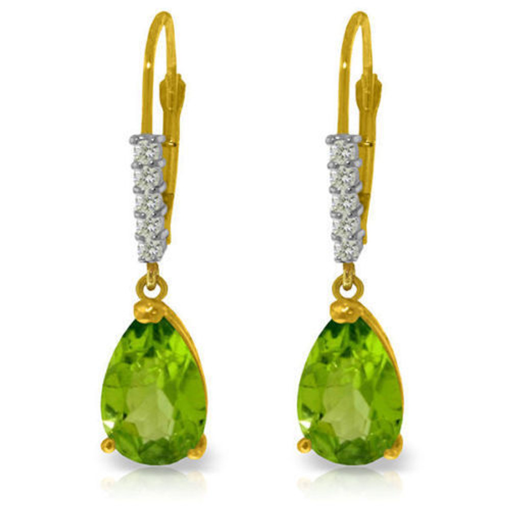 These 14k gold leverback earrings with natural diamonds and peridot are the perfect choice for women who love to wear fun dangling earrings. The leverback style is used to create movement and show off the beautiful diamonds and peridot stones that each pair creates, while being comfortable and sleekly crafted from 14k yellow, white, or rose gold. Ten total diamonds adorn the surface of each pair, with five genuine stones studding each earring. A dangling pear cut solitaire peridot hangs from each setting, each stone weighing 1.50 carats to show off the bright, glowing beauty of August's beautiful birthstone.