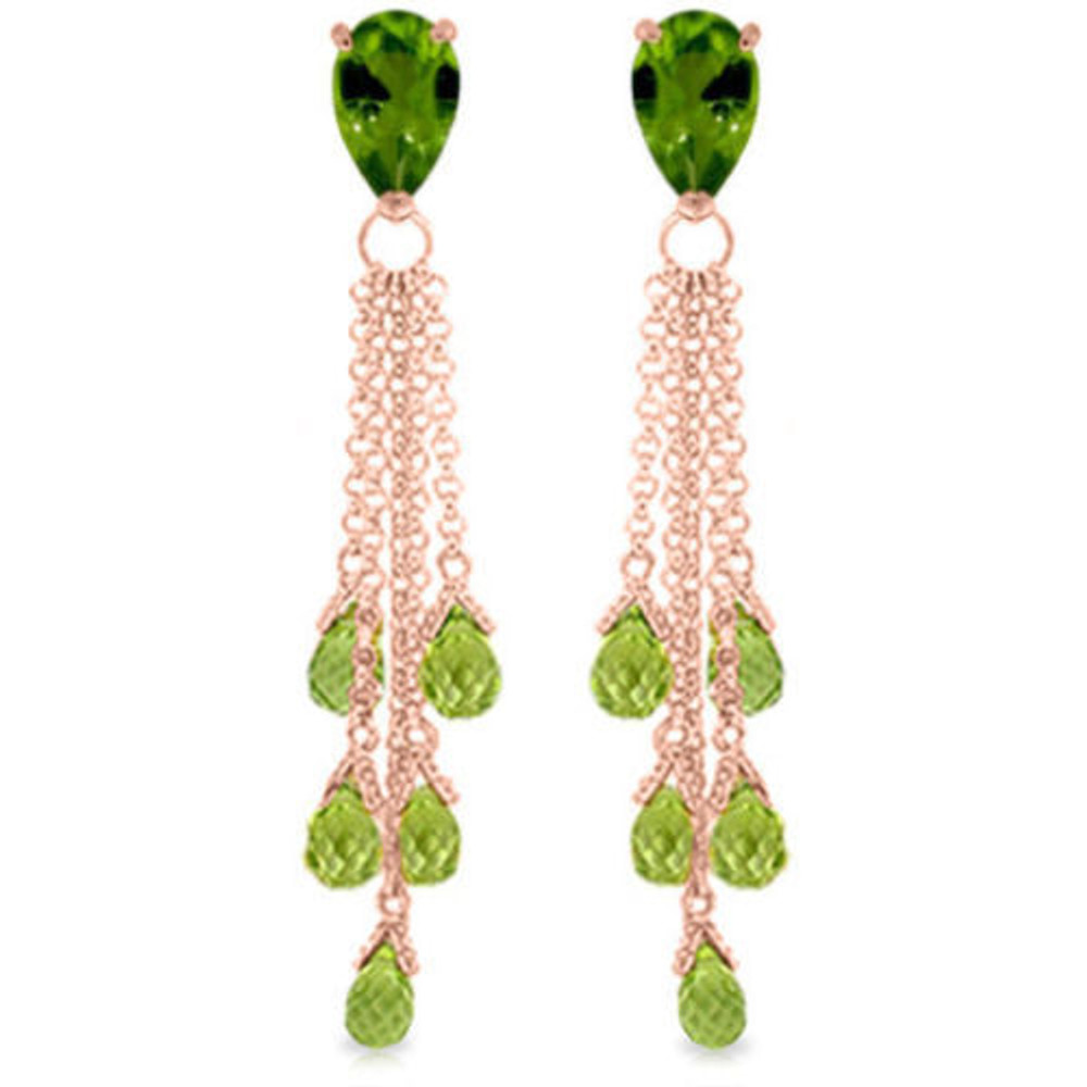 These fabulous earrings will make anyone green with envy when they see the dazzling sparkle that they produce. Two pear shaped natural peridot stones hug the ears with 3.50 carats of shimmer on these 14k gold chandelier earrings with briolette peridot. Those who love this beautiful green stone will adore the additional twelve carats of glamorous briolette shaped stones that dangle elegantly from delicate white gold chains, producing lots of movement for a piece of jewelry that offers a fun look for any ensemble.