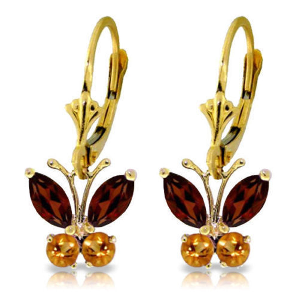 These 14k gold butterfly earrings with garnets and citrine are a fabulous way to bring nature into your wardrobe. These cute earrings use beautiful natural gemstones to form the shape of a gorgeous sparkling butterfly. Four marquis shaped garnets at .85 carats, along with four round .39 carat citrine stones are elegantly arranged to form the stunning and unique butterfly shape. 14k white gold is used to hold the look together, adding even more sparkle to each pair. Leverback styles allow these butterflies to dangle perfectly from the earlobes while adding comfort and function.