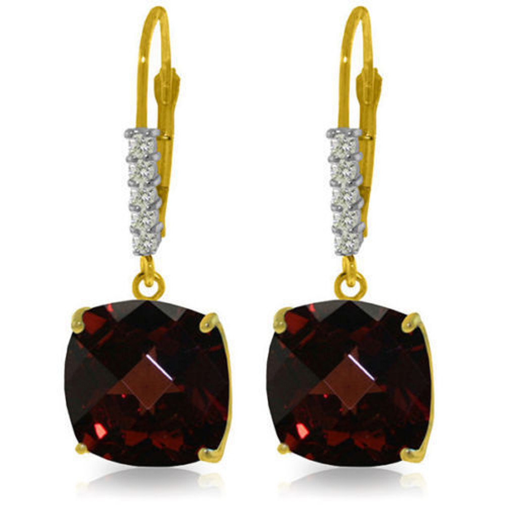 These 14k gold leverback earrings with natural diamonds and garnets take any look from bland to amazing in a way that is both easy and fun to wear. The dramatic look of natural garnets is made more striking with a cushion cut that perfectly shows off the beauty of each stone, which weigh a total of 9.0 carats per pair. Beautiful natural diamonds placed perfectly on each setting enhance the beauty of each dangling stone, with a total of ten genuine diamonds gracing each pair. The leverback settings are made in yellow, white, or rose gold and add just the right touch of glamor to these amazing earrings.