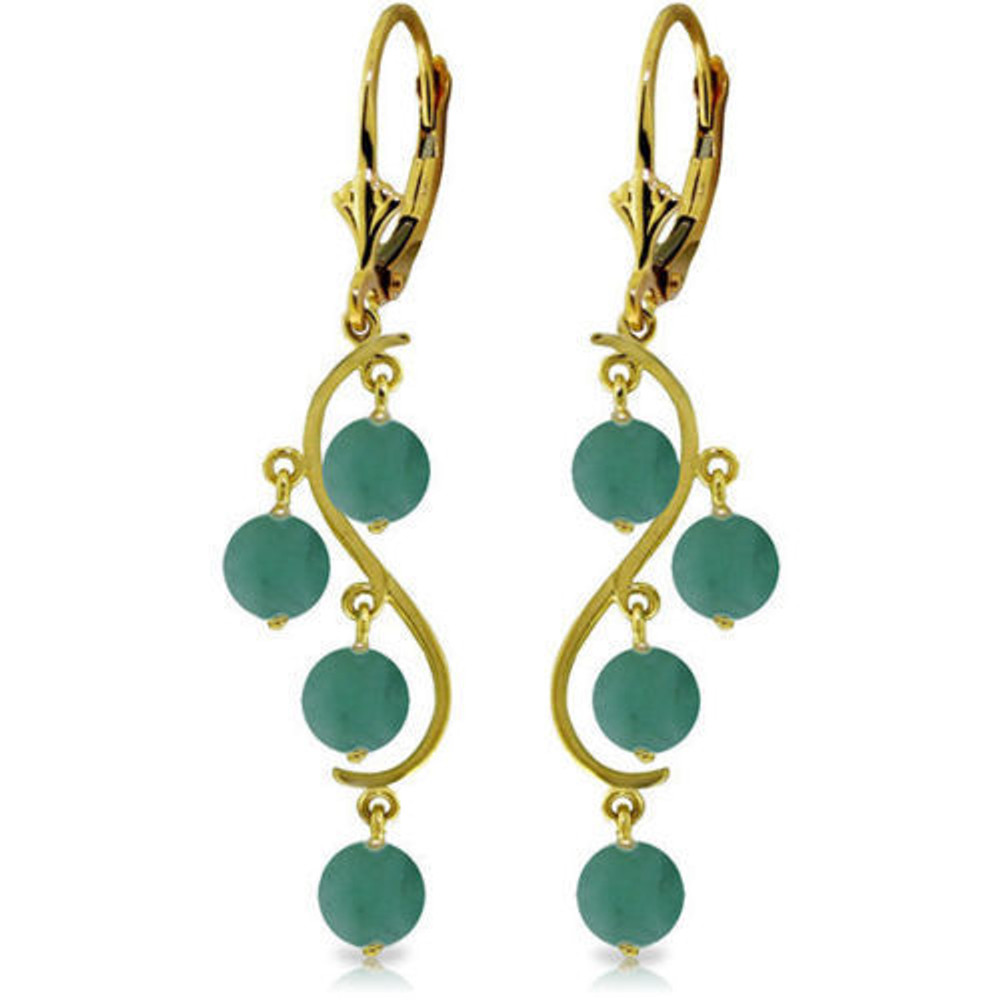 Soft curves and beautiful gems make these 14k gold chandelier earrings with natural emeralds absolutely amazing. The popular chandelier style is made modern with wavy golden bars, crafted out of solid 14k yellow, white, or rose gold. Eight round cut emeralds dangle elegantly from each curve, adding four carats of shimmering beauty. Four total carats add amazing color and shine to this piece. The stylish pendant comes with a matching 14k white gold rope chain. Natural stones, including emeralds, have inclusions that make each stone different and unique. These inclusions do not take away any of the sparkle or beauty from these gemstones.