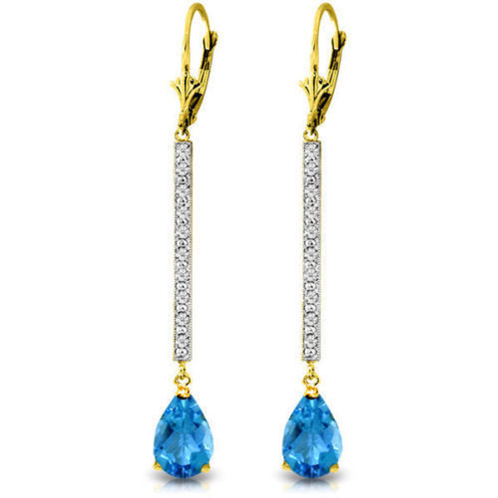  You will be absolutely beguiling in these 14K gold Earrings with Diamonds & Blue Topaz. Made with exceptional attention to detail, these 2.18 inch long earrings are glamorous in every way. The diamonds are a K-M clarity, and 20 of them dot the long chain that hangs from the earring stud. The diamonds total 0.10 carats.

The pear-shaped blue topaz is a total of 3.50 carats, and definitely sparkles when you move your head. These earrings are a superb piece for the lady of finer tastes, and make a great piece of jewelry for very special events, such as a fancy dinner or a show.