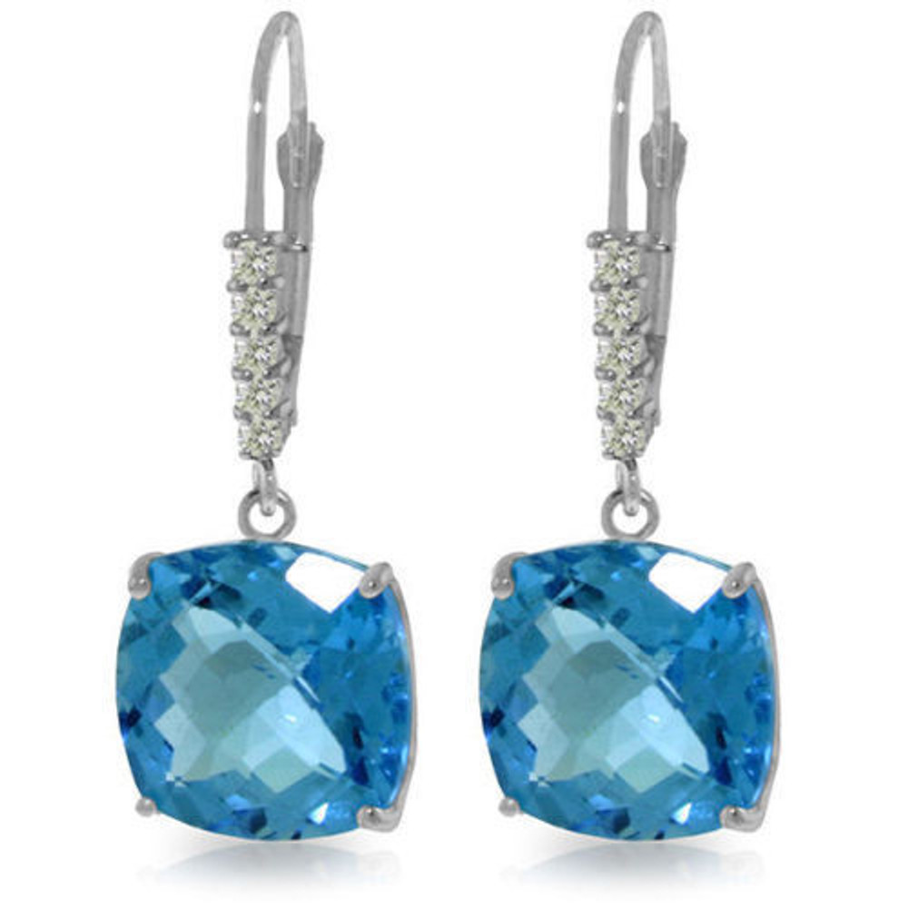  These 14k gold leverback earrings with natural diamonds and blue topaz are the perfect choice for women who want an elegant pair of earrings with lots of glitz. The beautiful and trendy leverbacks look more polished when studded with a total of ten round cut genuine diamonds that glisten from the yellow, white, or rose gold settings.

Two beautiful cushion cut blue topaz stones dangle elegantly, with over seven carats between the two solitaire stones. These earrings are just big enough to show off the beautiful stones but are still very wearable for any woman with style.