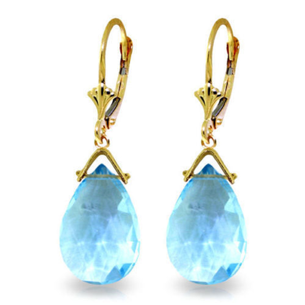 Brilliant blues are perfectly displayed on this pair of 14k gold leverback earrings with briolette blue topaz. These earrings, at 1.3 inches in length, are just the right length for movement while still being subtle enough to wear even with casual apparel. Gold leverbacks and settings are available in your choice of yellow, white, or rose gold, and are used to dangle two beautiful and unique briolette cut blue topaz stones, which weigh an amazing 10.20 carats for plenty of sparkle. These earrings have a subtle beauty that glows with the amazing color of blue topaz, the stunning birthstone for the month of December.