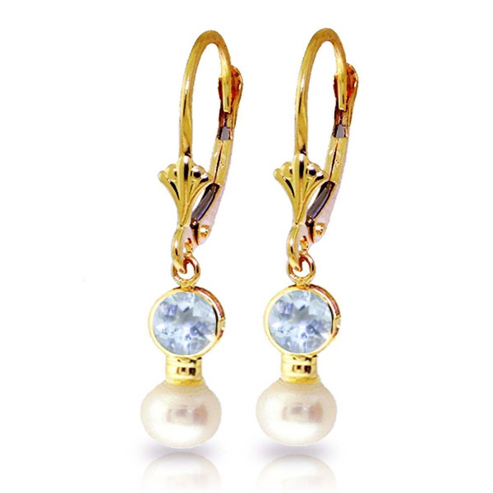 These dazzling yellow gold leverback earrings with pearls and aquamarine gemstones are the perfect blend of sophisticated and sparkle. The yellow gold makes the brilliance of the aquamarine stone pop. The aquamarine gemstone comes in a classic round shape. The pearl is also cut in a perfectly round shape. March women will fall in love with these earrings.