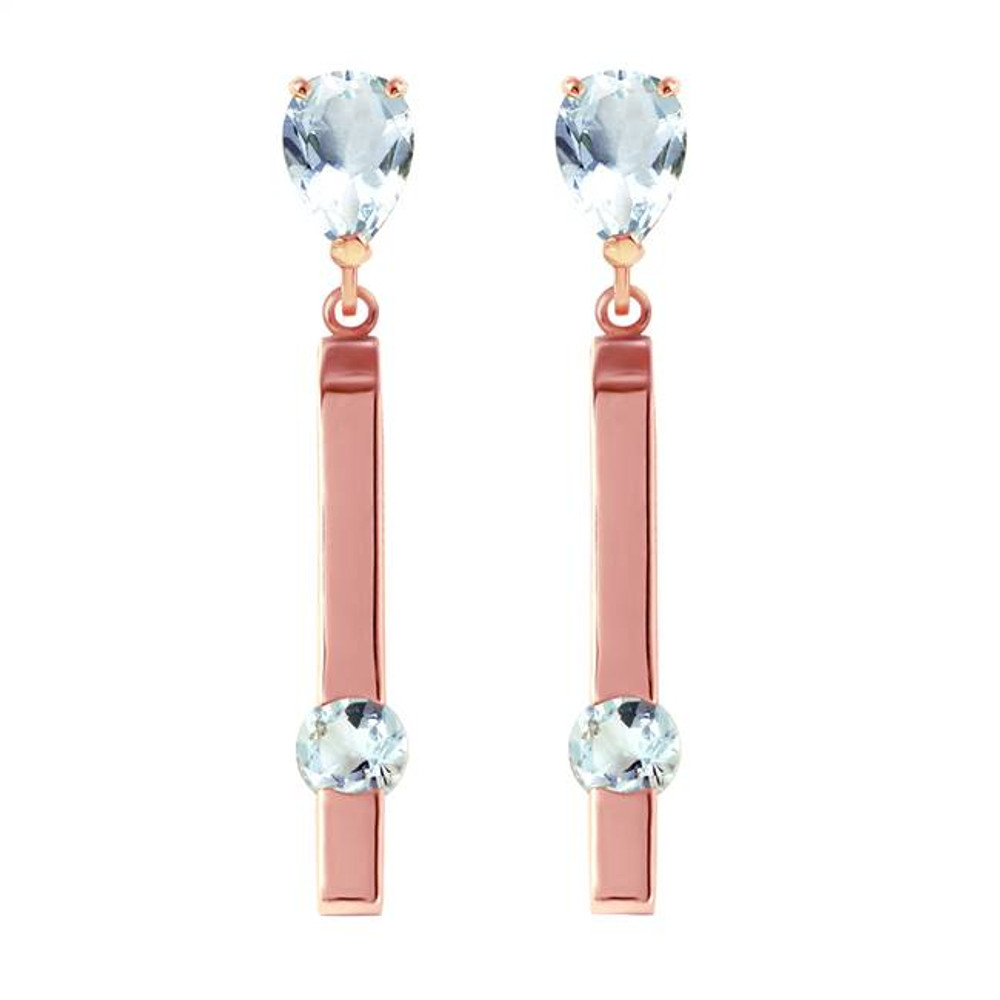 Sparkle and shine with these rose gold and aquamarine chandelier earrings. These magnificent, natural aquamarines will blind you with their brilliance. A 3.50 carat, pear shaped aquamarine is connected to shimmering 14 carat gold posts that are crafted in your choice of yellow, white or rose gold. A rose gold strip dangles from the gemstone, and has a round channel set 0.75 carat aquamarine resting inside to add more dazzling luminosity to this glamorous pair of earrings. These earrings will make a perfect gift for the special lady in your life and will be treasured for generations to come.