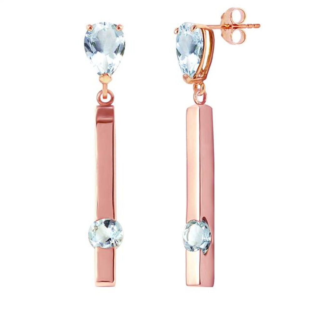 Sparkle and shine with these rose gold and aquamarine chandelier earrings. These magnificent, natural aquamarines will blind you with their brilliance. A 3.50 carat, pear shaped aquamarine is connected to shimmering 14 carat gold posts that are crafted in your choice of yellow, white or rose gold. A rose gold strip dangles from the gemstone, and has a round channel set 0.75 carat aquamarine resting inside to add more dazzling luminosity to this glamorous pair of earrings. These earrings will make a perfect gift for the special lady in your life and will be treasured for generations to come.